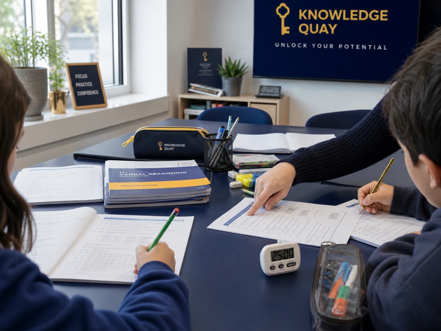 Small 11+ group working through exam papers in a tuition classroom