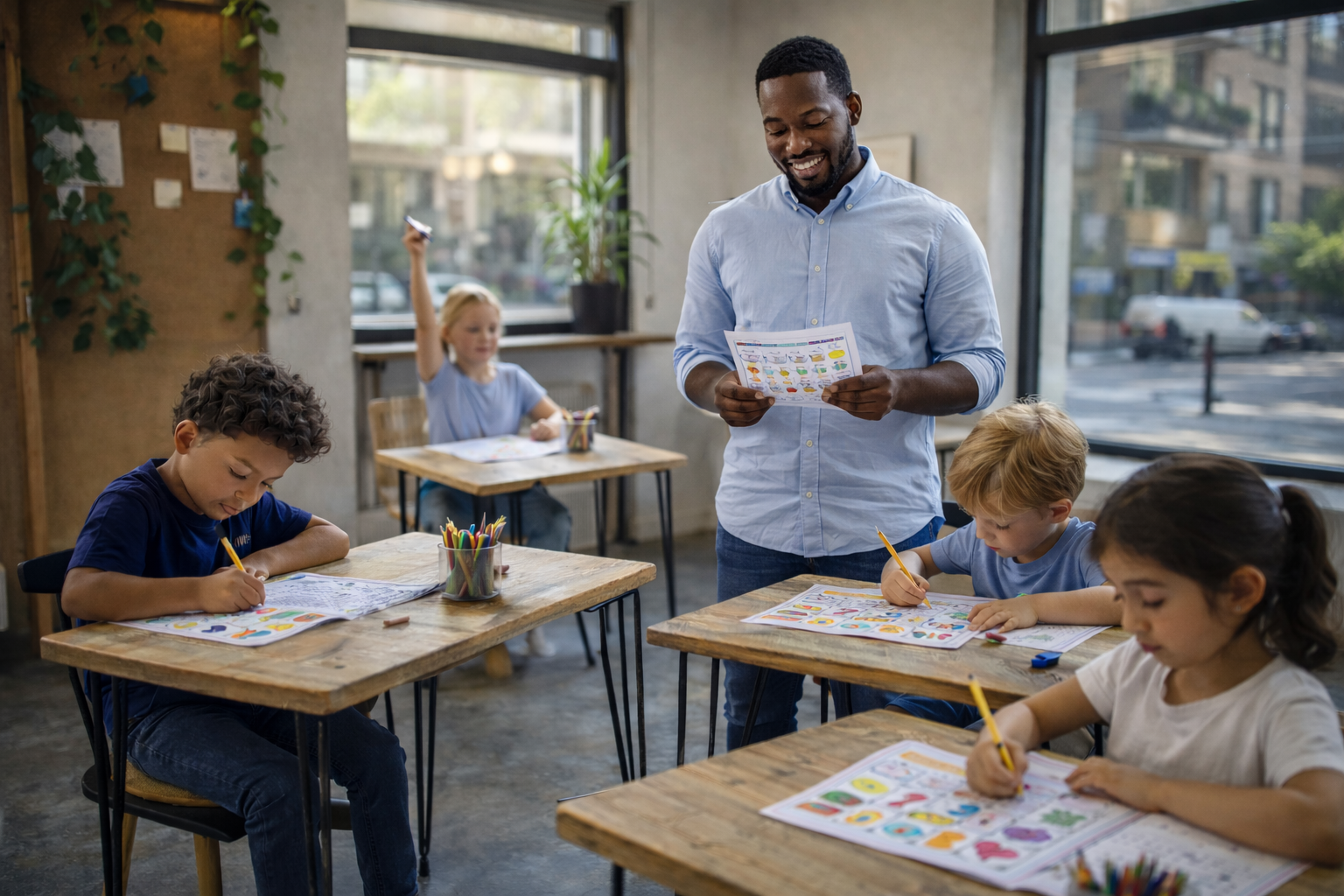 KS1 learner smiling with headphones during a lesson