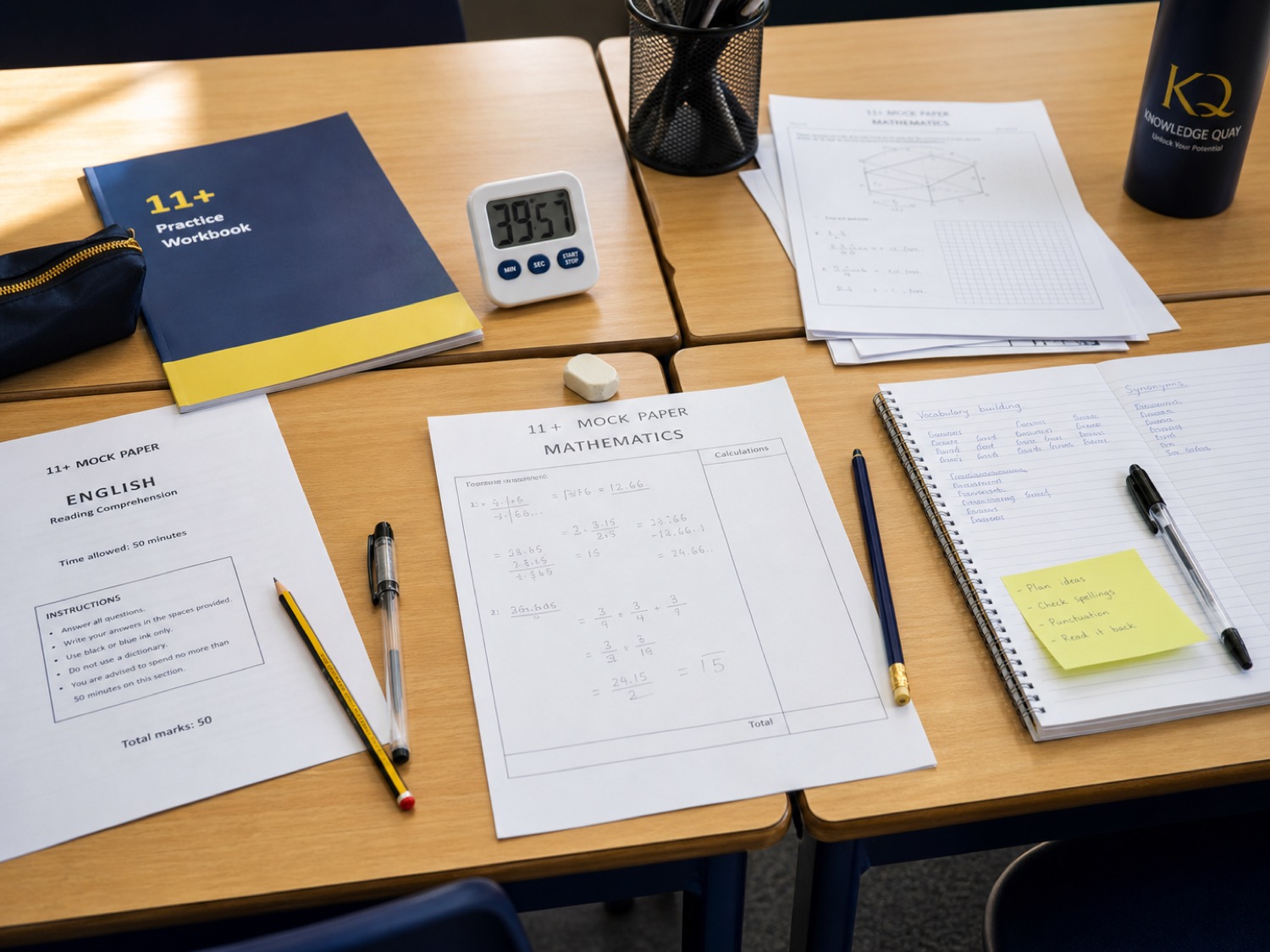 11+ mock papers, workbooks and timed practice materials on classroom desks