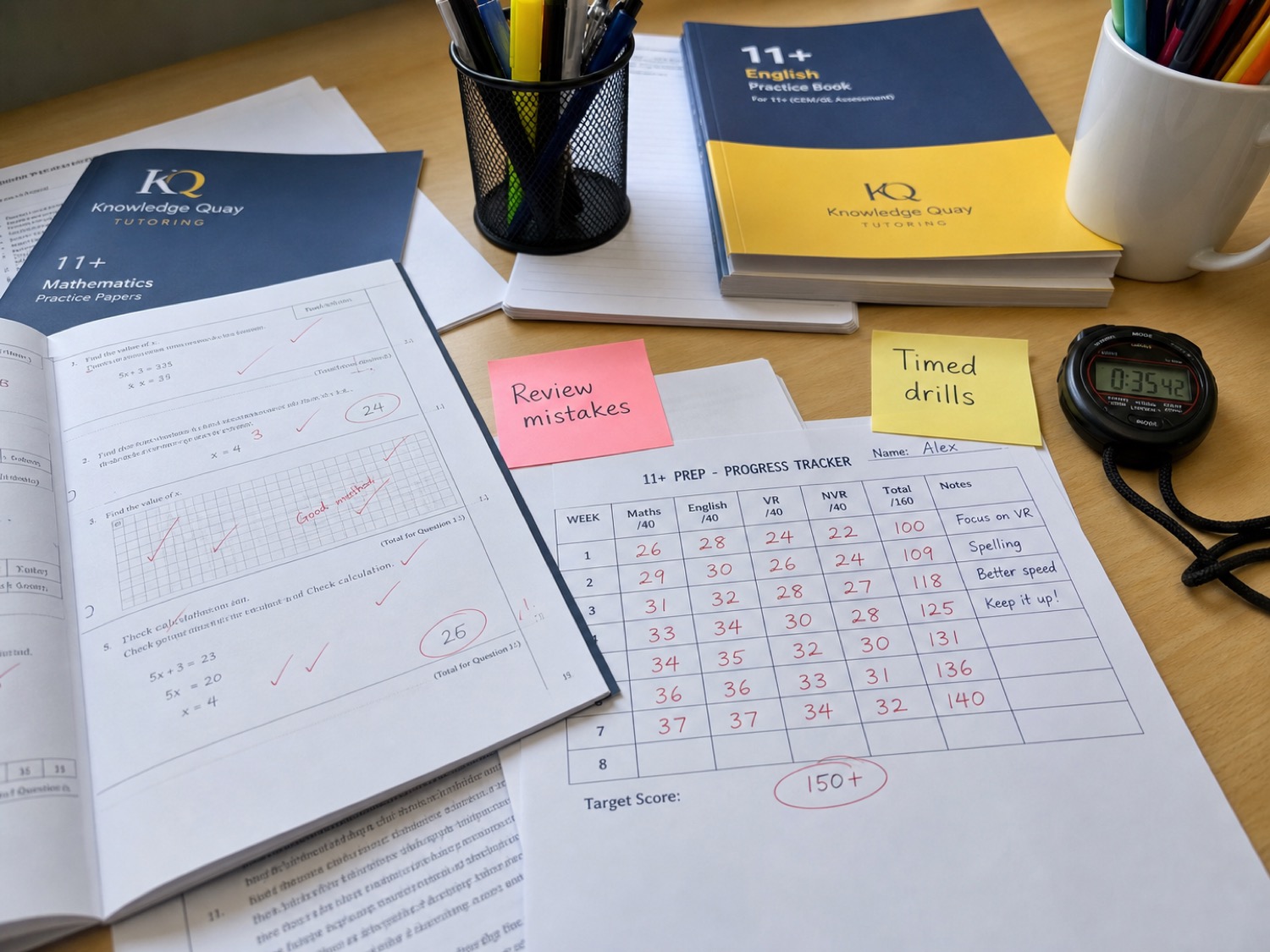 Marked 11+ papers, progress tracker and review mistakes notes